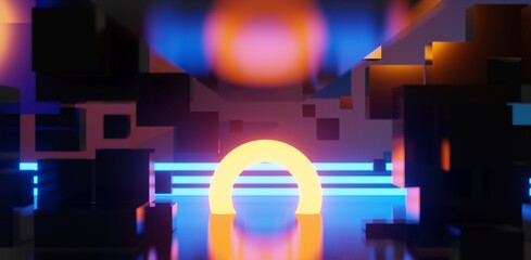 abstract backgound video game of esports scifi gaming cyberpunk, vr virtual reality simulation and metaverse, scene stand pedestal stage, 3d illustration rendering, futuristic neon glow room