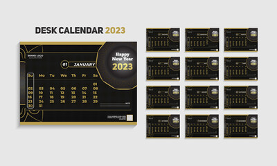 Elegant Modern Dark Black Gold Desk Calendar 2023 Design Template