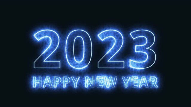 Happy New Year 2023 glowing blue text in a haze appears on a dark background.Animation for the celebration of the new year.