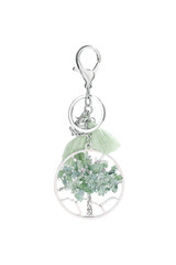 Close-up shot of a Tree of Life keychain decorated with green stones, tassels and an owl pendant. The metal keychain is isolated on a white background. Front view.