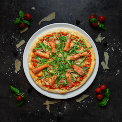 Delicious Italian Style Pizza With Salmon And Arugula, Top Down Shoot, Appetizing Background