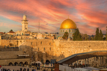 Fototapeta premium Western Wall Plaza, the Temple Mount at sunset, Jerusalem