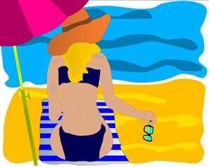 Woman on the beach sitting under an umbrella