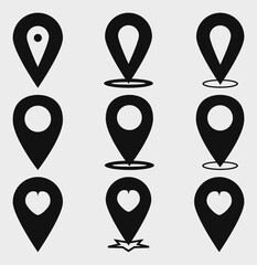 Black maps icon set, location pin collection. Vector Illustration