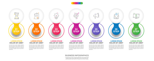 Vector infographic circles. Business concept of 7 options. Timeline step by step template with seven labels for diagram, web, banner, presentations, flowchart, content, levels, chart, graphic