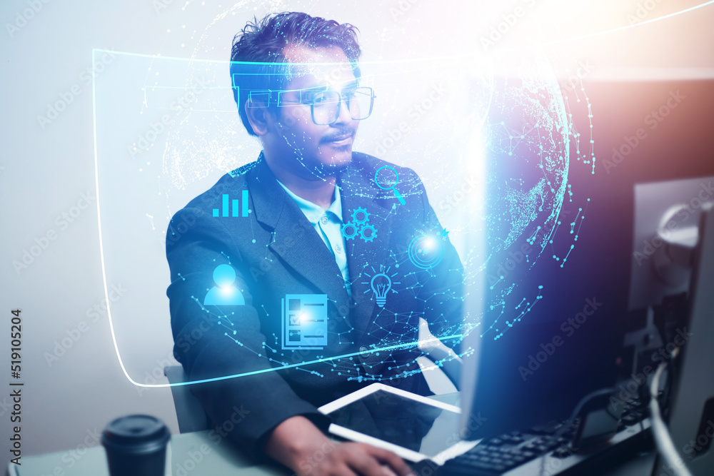 Poster business man working through computer information world of data analytics and digital technology, to