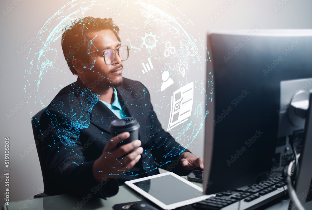 Poster business man working through computer information world of data analytics and digital technology, to