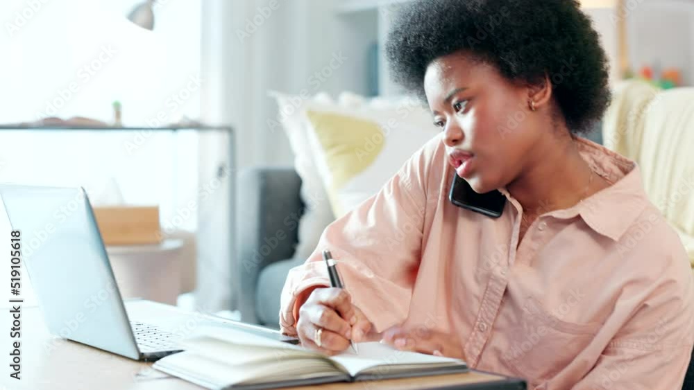 Poster Female student talking on a phone call while typing an academic essay or doing a homework assignment alone at home. Young university or college student with afro getting help with drafting an email