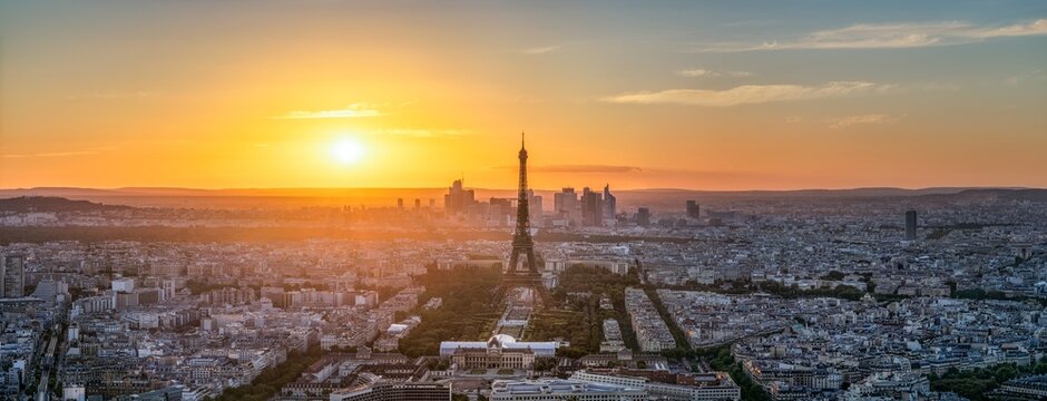 Paris skyline panorama at sunset with view of the Eiffel Tower