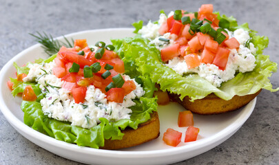 sandwich with tomatoes, green onions, ricotta cheese and fresh lettuce