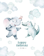 Hand drawn watercolor elephant and crocodile dancing animals. Boho illustrations, jungle tree, brazil trendy art. Perfect for fabric design. Aloha collection.