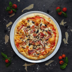 Traditional Italian Pizza with Homemade Tomato Sauce, Ham From Prague And Mushroom, Top Down Shoot, Appetizing Background