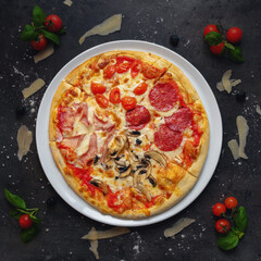 Traditional Italian Pizza 4 Season Style - Homemade Tomato Sauce, Mushroom, Cherry Tomato, Salami From Italy And Ham From Prague, Top Down Shoot, Appetizing Background