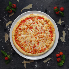 Traditional Italian Margharita Style Pizza, Homemade Tomato Sauce and Mozzarella Cheese, Top Down Shoot, Appetizing Background