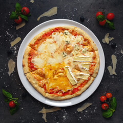 Traditional Italian 4 Cheese Pizza, Cheddar, Mozzarella, Blue, Camembert Cheese, 4 Formaggi Style, Top Down Shoot, Appetizing Background