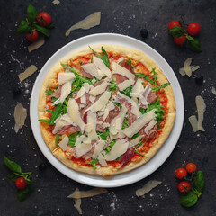 Delicious Italian Style Pizza With Prosciutto Ham and Arugula, Top Down Shoot, Appetizing Background