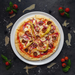 Traditional Italian Pizza With Sasuages, Pepperoni And Bacon, Top Down Shoot, Appetizing Background