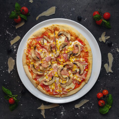 Traditional Italian Pizza with Ham, Corn And Mushroom, Top Down Shoot, Appetizing Background