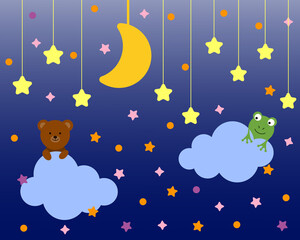 Cute bear and frog sitting on a cloud. Cartoon character for invitation. Children's background with moon, stars, clouds.