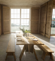 Scandinavian farmhouse style wooden kitchen and large windows with nature view. Dining table with dishes. 3d render illustration.