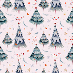 Obraz premium Watercolor Merry Christmas seamless pattern with snowman, christmas tree , snowman, holiday cute animals bunny rabbit, rabbit and baby deer . Christmas celebration cards. Winter new year