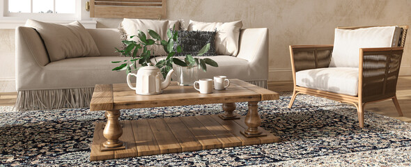 Scandinavian farmhouse style beige living room interior. Web banner background. 3d render illustration. © Viktoria Kovalchuk