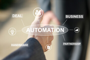 Business automation securing deal on the background of handshake. Business partnership development process concept.