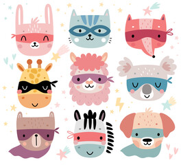 Fototapeta premium Cute jungle animals - elephant, monkey, panda, koala, sloth, tiger, rhino. Childish characters for your design.