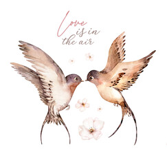Watercolor spring flying swallows isolated and blossom flowers on white background