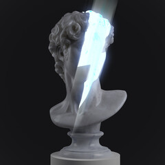 Abstract digital illustration from 3D rendering of a classical white marble head bust with face stricken by a glowing white lighting bolt and isolated on background.