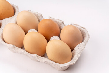 Organic chicken eggs on the table. Eggs are good for everyone and health. Farm products, natural eggs.