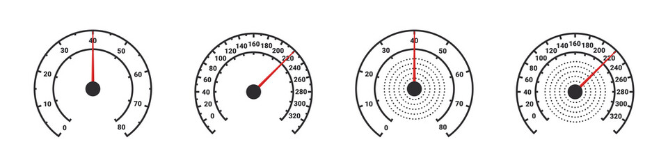 Car speedometer with speed level scale. Speedometer and tachometer scales. Speed indicator sign. Vector illustration