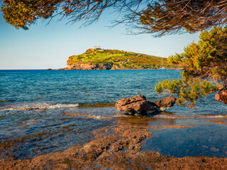 Beautiful morning view of the Temple of Poseidon, Sounio location, Greece, Europe. Calm summer...