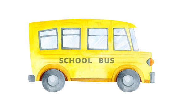 Back to school illustration. School bus watercolor. Elementary yellow school bus isolated. Education clipart. Kid bus graphics