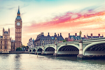 Naklejka na ściany i meble Big Ben, Westminster Bridge on River Thames in London, England, UK
