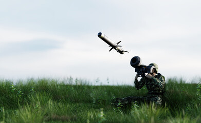 Obraz na płótnie Canvas Soldier firing anti-tank missile at war
