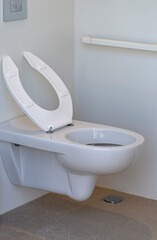 Contemporary interior of empty public restroom. Open toilet bowl in deluxe room. White ceramic...