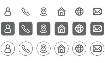 Minimal Contact Icons Set – User, Phone, Location, Home, Web, Email – Outline, Filled, and Circular Style Vector for Websites, Business Cards, and UI Design