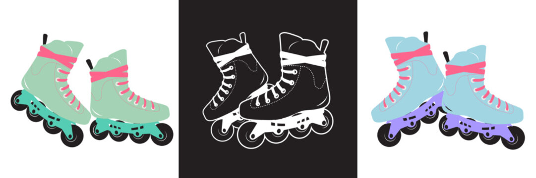 Roller skates Different colors and acts of skating shoes. Cartoon illustration isolated
