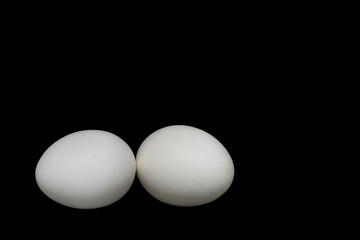 two white chicken eggs on a black background