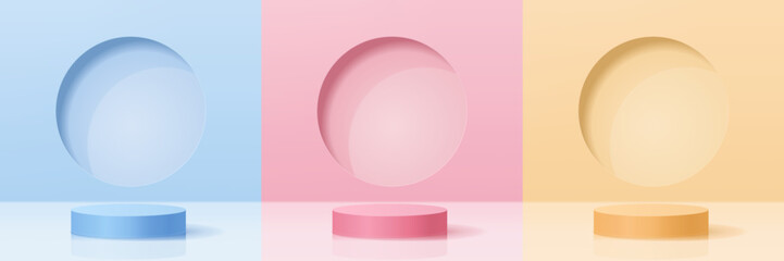 Vector set of 3d, blue, pink, and yellow podium, pedestal, platform with round template background for product display, presentation, advertising. 