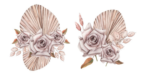 Obraz premium Watercolor Boho Floral Illustration isolated on white background. Watercolour Beige and Dusty Pink Bohemian Flowers Composition. Palm Leaves, Roses and Lunaria Flowers. Wedding Invitations, Greetings.