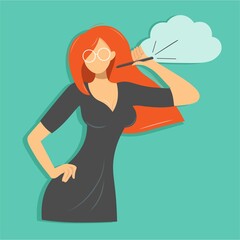 The girl in a relaxed pose is talking on the phone. Bright young woman with smartphone. The concept of virtual communication in social networks. Cartoon vector flat design. Speech bubble for text.