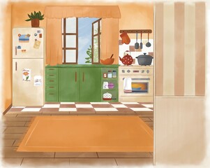 Estores personalizados para cozinha com sua foto watercolor kitchen illustration