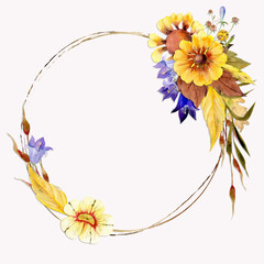 Watercolor circle frame arrangement with hand drawn autumn flowers, branches and leaves. Isolated on white background. Design for invitations, wedding or greeting cards, wallpaper, print, textile