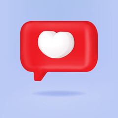 3D red heart symbol social media notification icon isolated on red bubble speech. Vector illustration in 3D style.