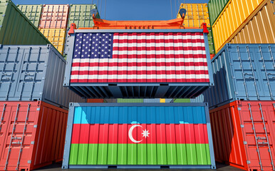 Cargo containers with USA and Azerbaijan national flags. 3D Rendering