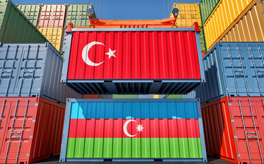 Cargo containers with Turkey and Azerbaijan national flags. 3D Rendering