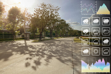 Weather forecast symbol data with graph and chart on perspective view of small road and peaceful park in summer with  row of trees and shadow for meteorology presentation and report background



