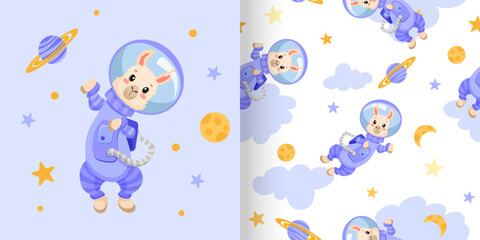 Cute seamless pattern with Alpaca Astronaut, stars, moon and planets. Animal repeated vector illustration for nursery, poster, birthday greeting cards, baby shower or textile fabric